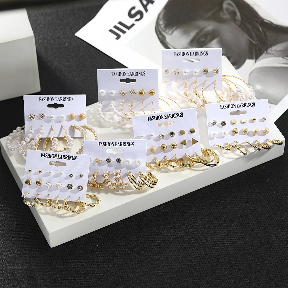 Large Hoops White Pearl Earrings Set 6-piece geometric star rhinestone metal earrings