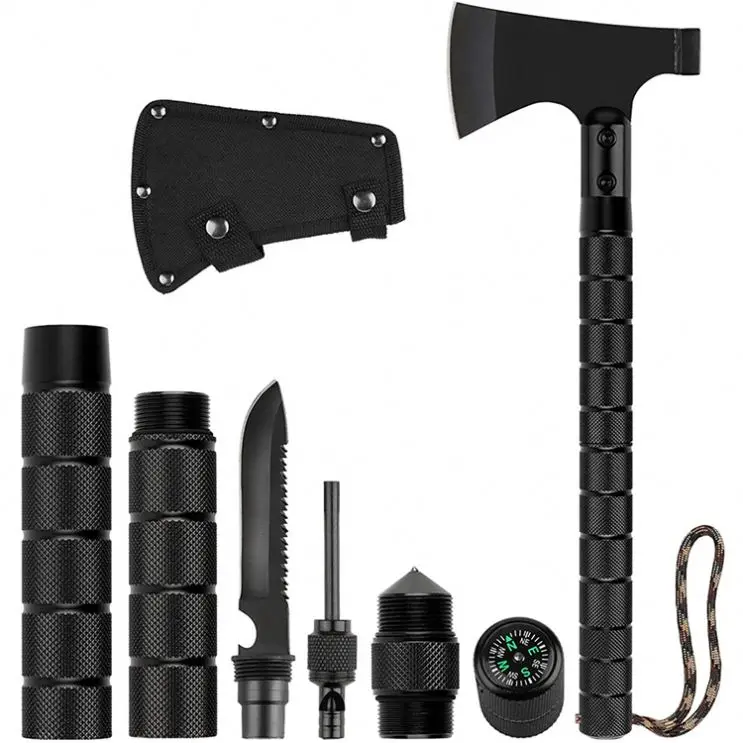 Handle Camping Hatchet Multifunction Survival Axe Outdoor Hunting Felling Wood With Fire Starter Compass Saw Tools