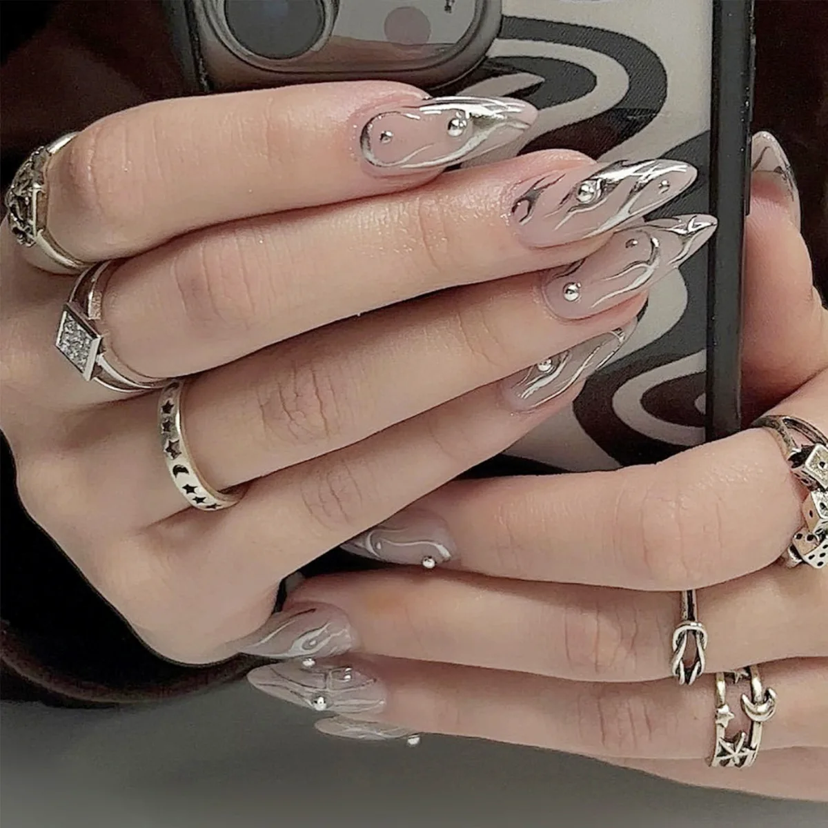Silver Flame European American Style Press-On Nail Art Stickers False Nails with Studs Cross-Border Nail Design