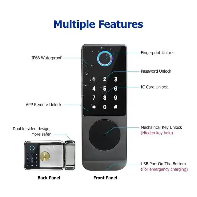 Waterproof IP65 Intelligent Digital Smart Password Key Unlock Finger Scan Doorbell Doorlock Glass Metal Smart Door Handle Lock