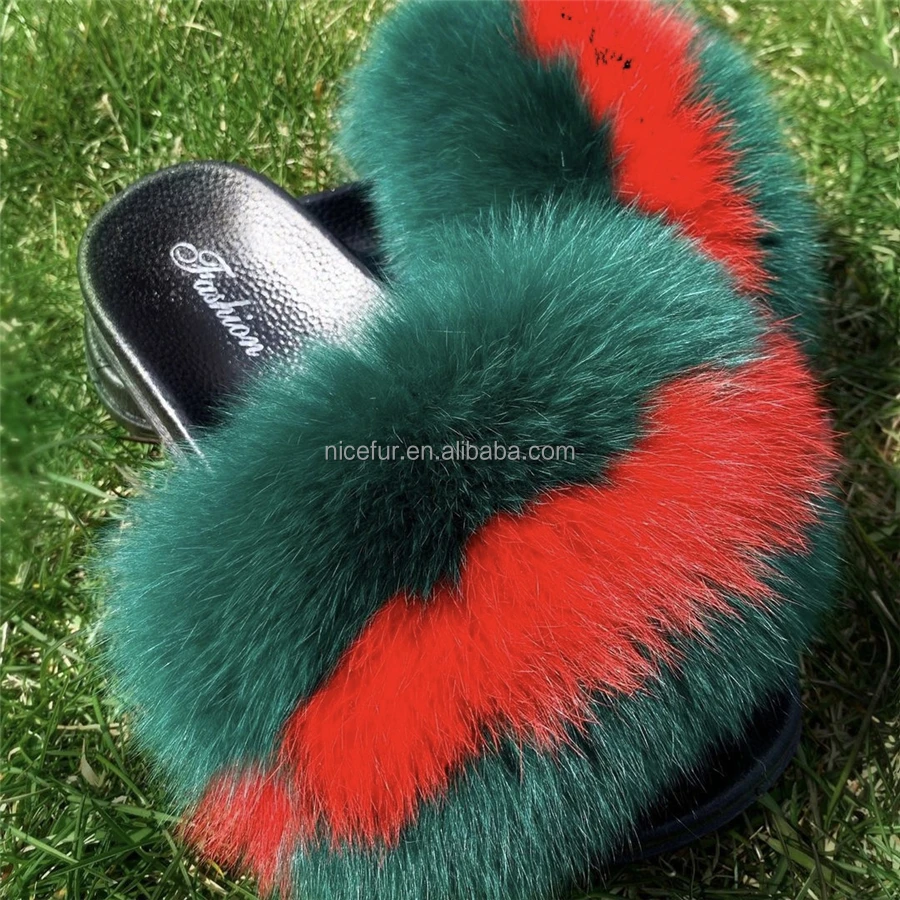Quick Shipping Flush Raccoon Slippers Outdoor Fur Sandals Slider Slippers Wholesale Real Fur Slippers Fox Fur Slides For Women