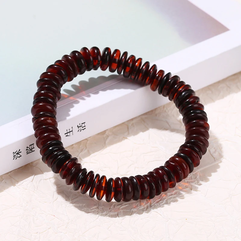 JD GEMS Natural Stone 100% Real Healing Amber Beads Bracelet Natural Blood Red Amber Flat Round Spacer Beaded Bracelet