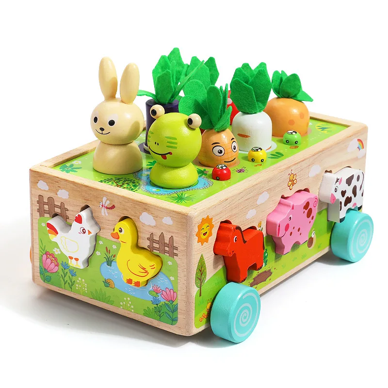 Happy Farm Kids Wooden Early Education Animal Shape Sorter Blocks Car Carrot Harvest Game Fishing Catching Insects Learning Toy