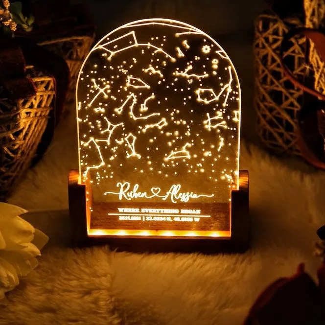 Hot sale LED Etsy 3d creatives acrylic note board rewrirable Gift Home decor night light starmap with Wooden Base usb power Lamp