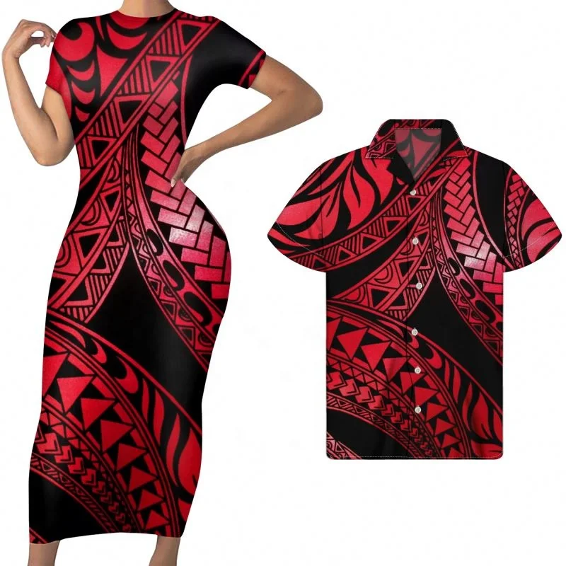 Husband And Wife Clothes Red Black Origina Tribal Polynesian Custom Print Women Summer Long Dress With Short Sleeve Match Men