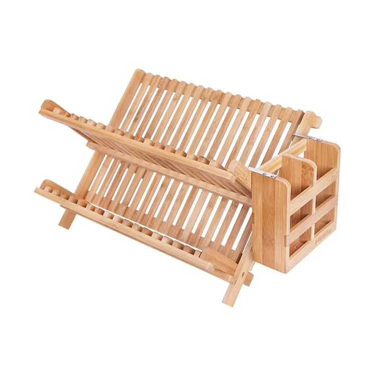 
Wholesale Utensils Flatware Holder Kitchen Bamboo Folding 2-Tier Collapsible Drainer Drying Dish Rack 