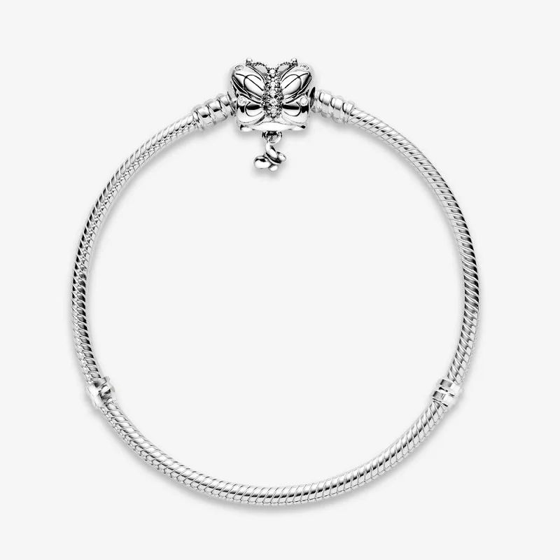 S925 Sterling Silver Moments Clear CZ Butterfly Insect Wing Lines Clasp Snake Chain Bracelet
