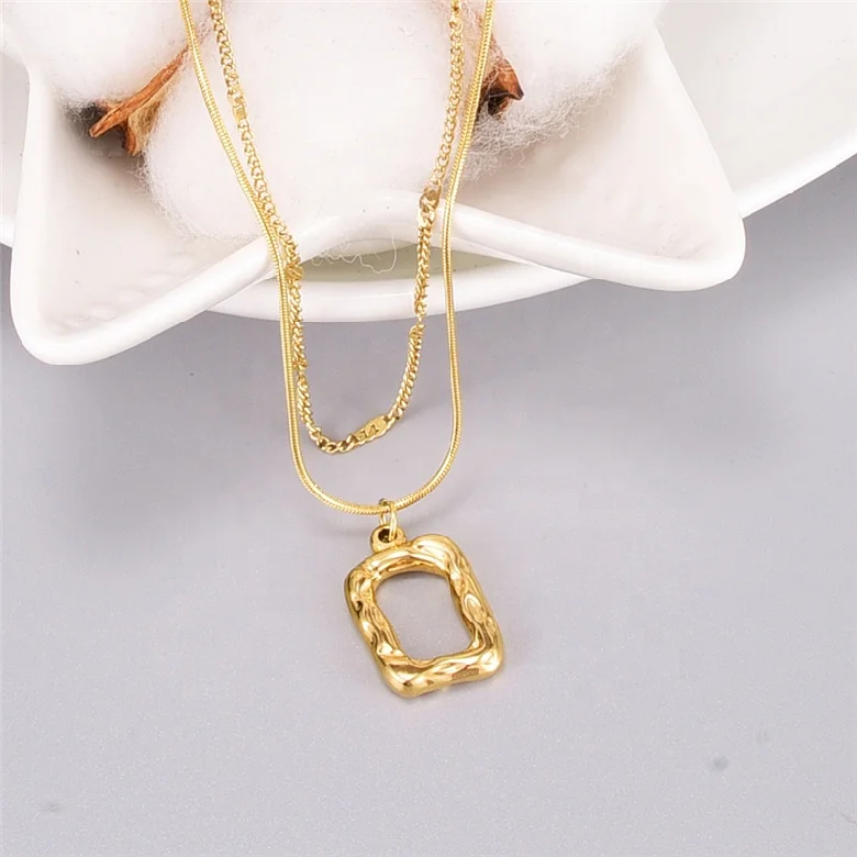 Trendy Jewelry Double Layer Round Snake Chain Hollow Square Charm Plated 18k Gold Stainless Steel Choker Necklace