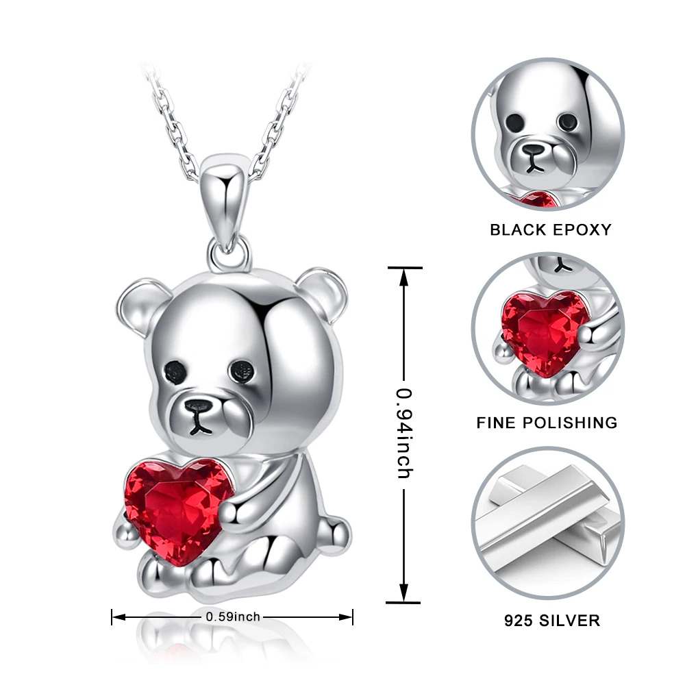 
New Fine Jewelry Zircon Red Love Heart Diamond 925 Sterling Silver Teddy Bear Pendant Necklace 