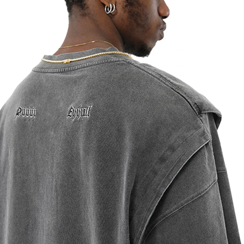Fashion Double Layer Tshirt Streetwear Vintage Style Heavy Cotton Tshirts Men 300gsm Wash T Shirt Hip Hop Customized Logo 50pcs