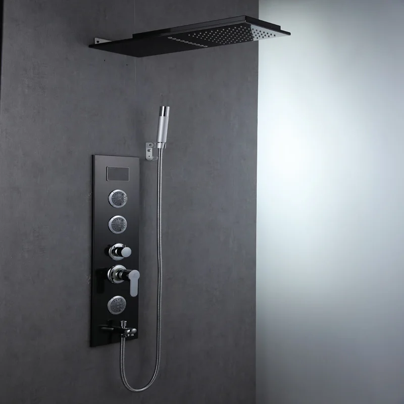 
Brass black hot and cold rainfall home hotel digital panel bath shower faucet set 
