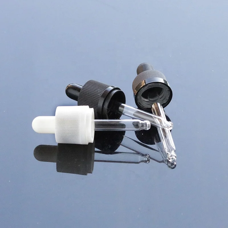 Fancy Custom 18mm 20mm black white plastic child proof dropper cap with glass serum pipette (NK-D-04)