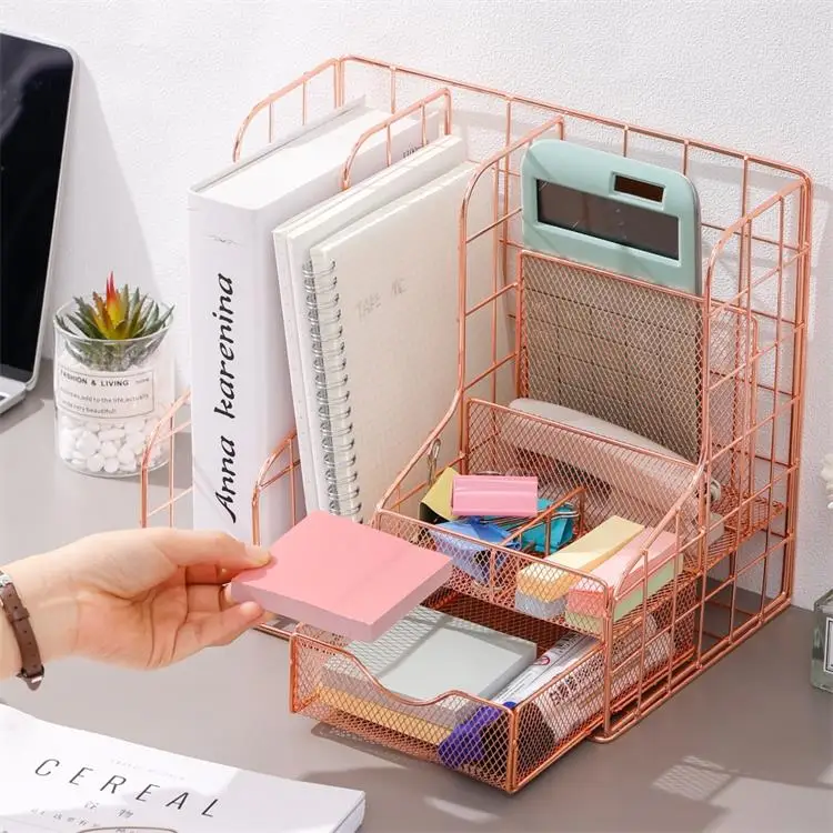 Hot Sale Factory Direct Metal Mesh Magazine Storage Rack File Office Desk Supplies Pen Holder  With Card Box For Home Office Use