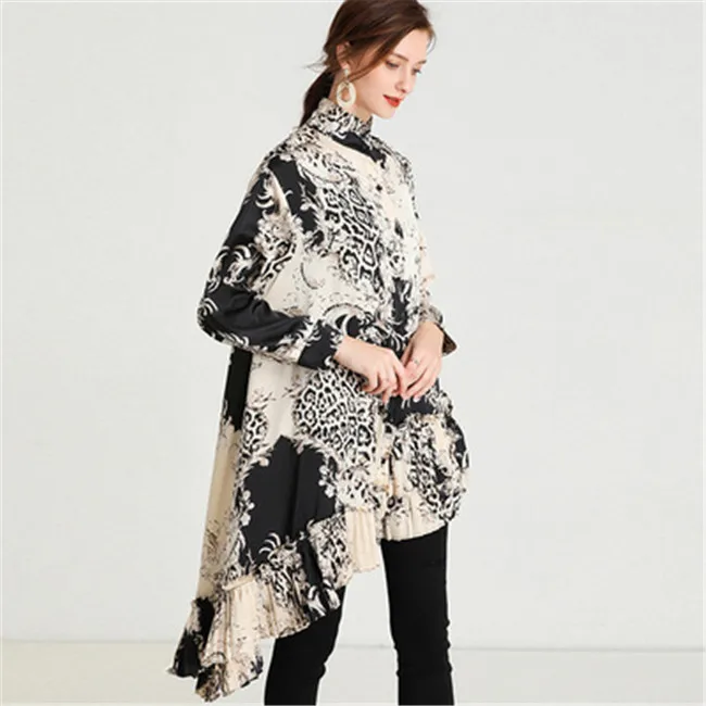 
Plus size 2021 spring new retro printed shirt chiffon shirt loose plus size blouse 