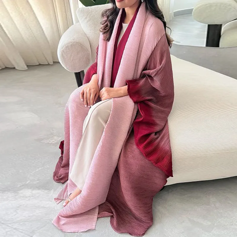 Miyake Pleated Gradient Women Robe 2023 Summer Turndown Bat Windbreak Coats Collar Cardigan Jackets abaya