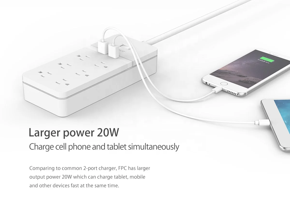  OEM Low MOQ Smart Charging Desktop Surge Protector Power Strip with 6 AC Outlets and 2 USB Ports
