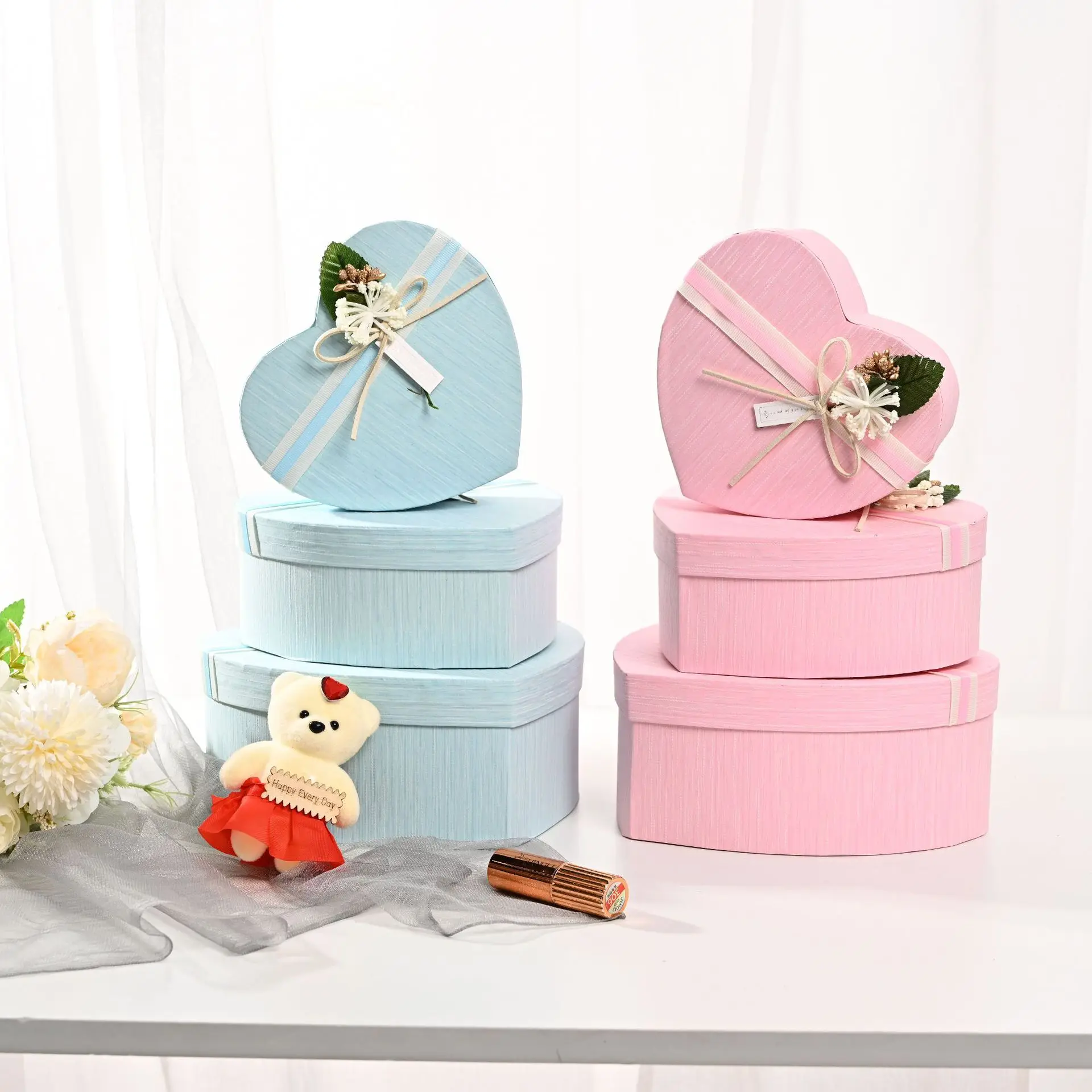 Competitive Price 3 Boxes Set Ribbon Bow Heart Shape Red Thickened Cardboard Paper Empty Flower Gift Box