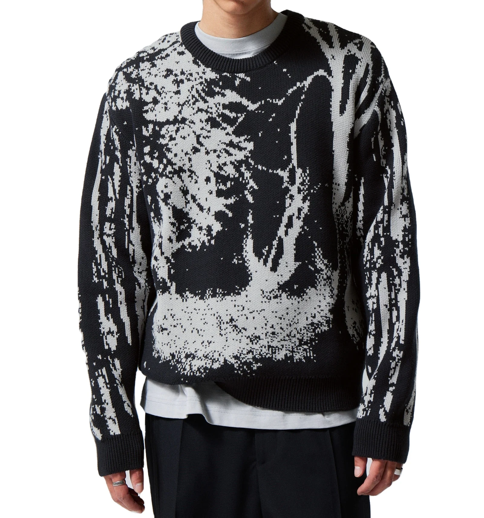 Custom knitwear design jacquard sweater winter long sleeve knit pullover crew neck 100%cotton casual knitted sweater men