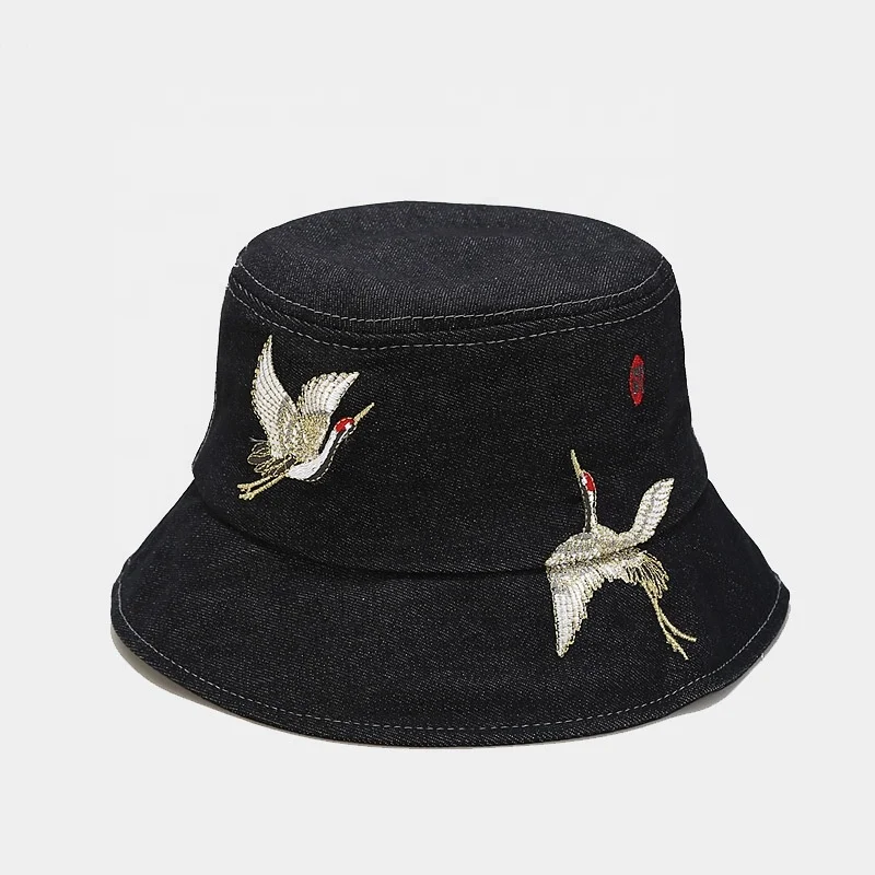 New Fashion Chinese Style Red-crowned Crane Embroidery Denim Sunscreen Bucket Hats And Caps for Men and Women