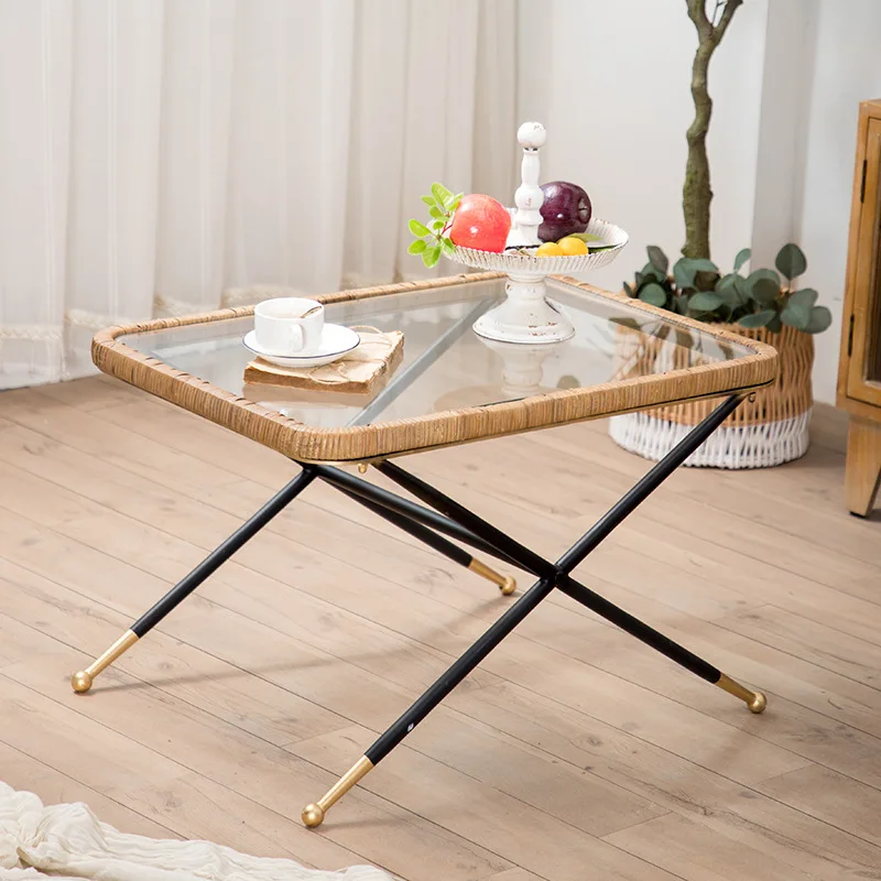Hot Sale Farmhouse Retro Antique Living Room Sofa Balcony Corner Design Tempered Glass Rattan Coffee Table