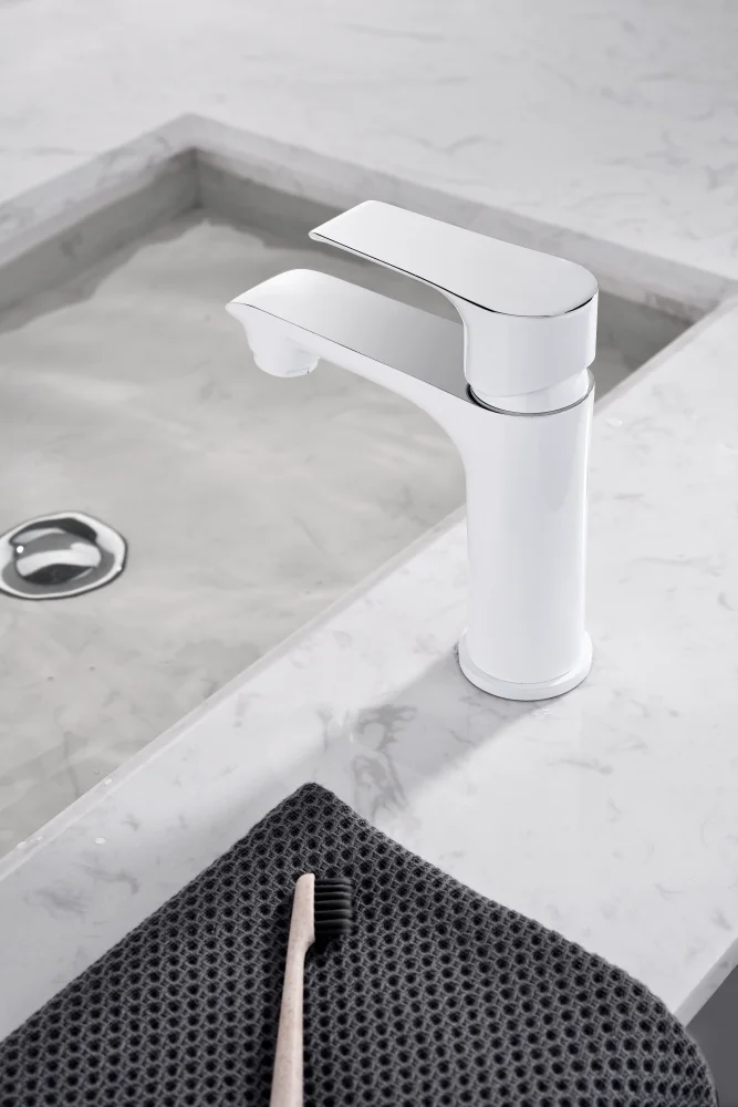 Bathroom Sink Tap Deck Mounted White and Chrome Color Basin Faucet Hot Cold Water Mixer Wash Hand Brass Body Factory Supplier