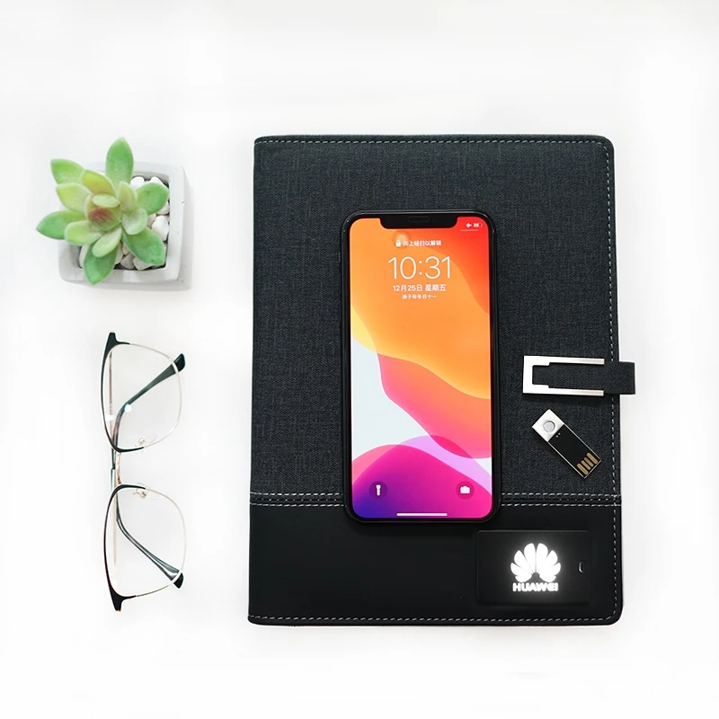2021 Wholesale Wireless Powerbank Diary Notebook with LED Light Logo USB flash Drive PU Leather A5 Planner for Office Business