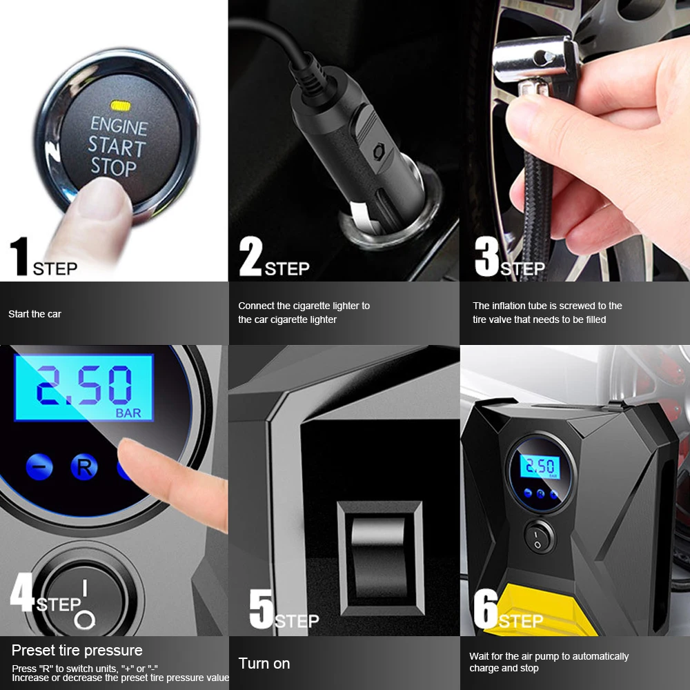 Portable Mini 12V Vehicle Cigarette Lighter Preset Tire Pressure Digital Electric Inflator Air Pump