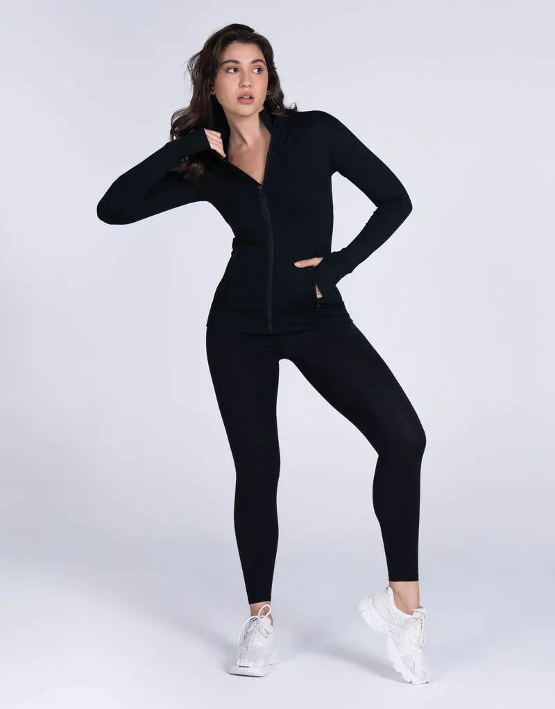 Athletic women long tight jacket outside pockets anti odor front zip up  lightweight fitness jacket for women