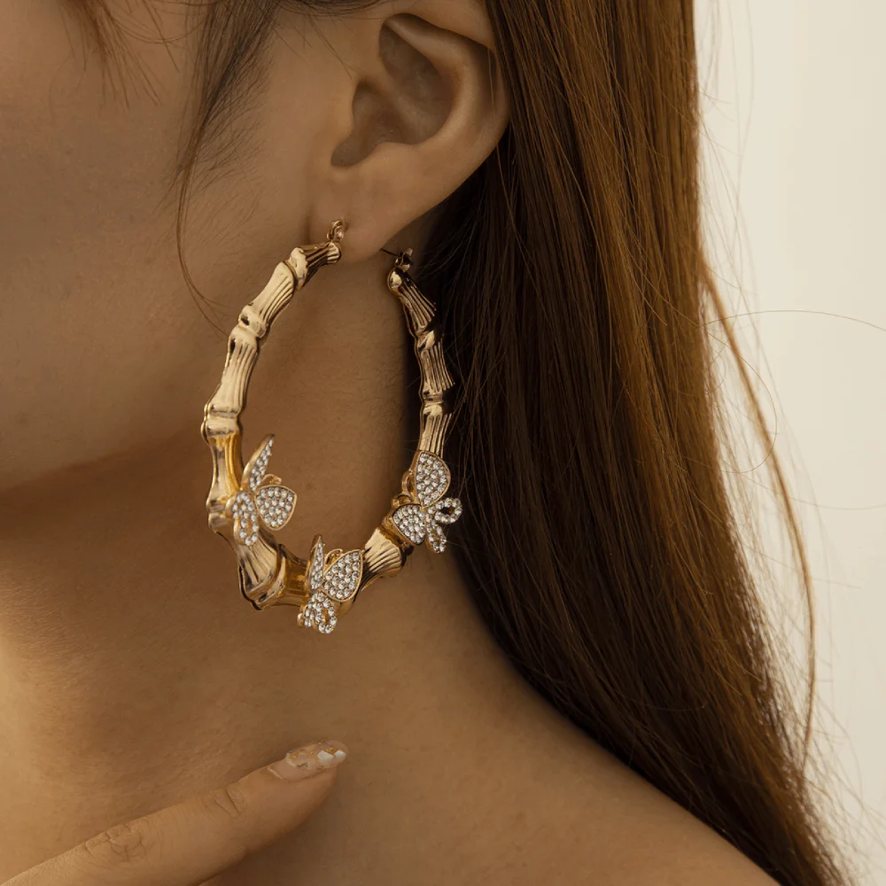 brass alloy with zirconia beads paving butterflies charms bog retro hustle hoop bamboo earrings women butterfly earring