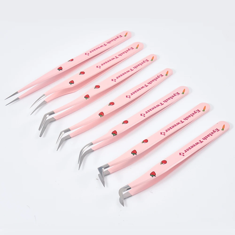 Pink Fiber Tip Tweezers Stainless Steel Volume Diy Lash Extension Tweezer Eyelash Tweezer Set With Fiber Grip