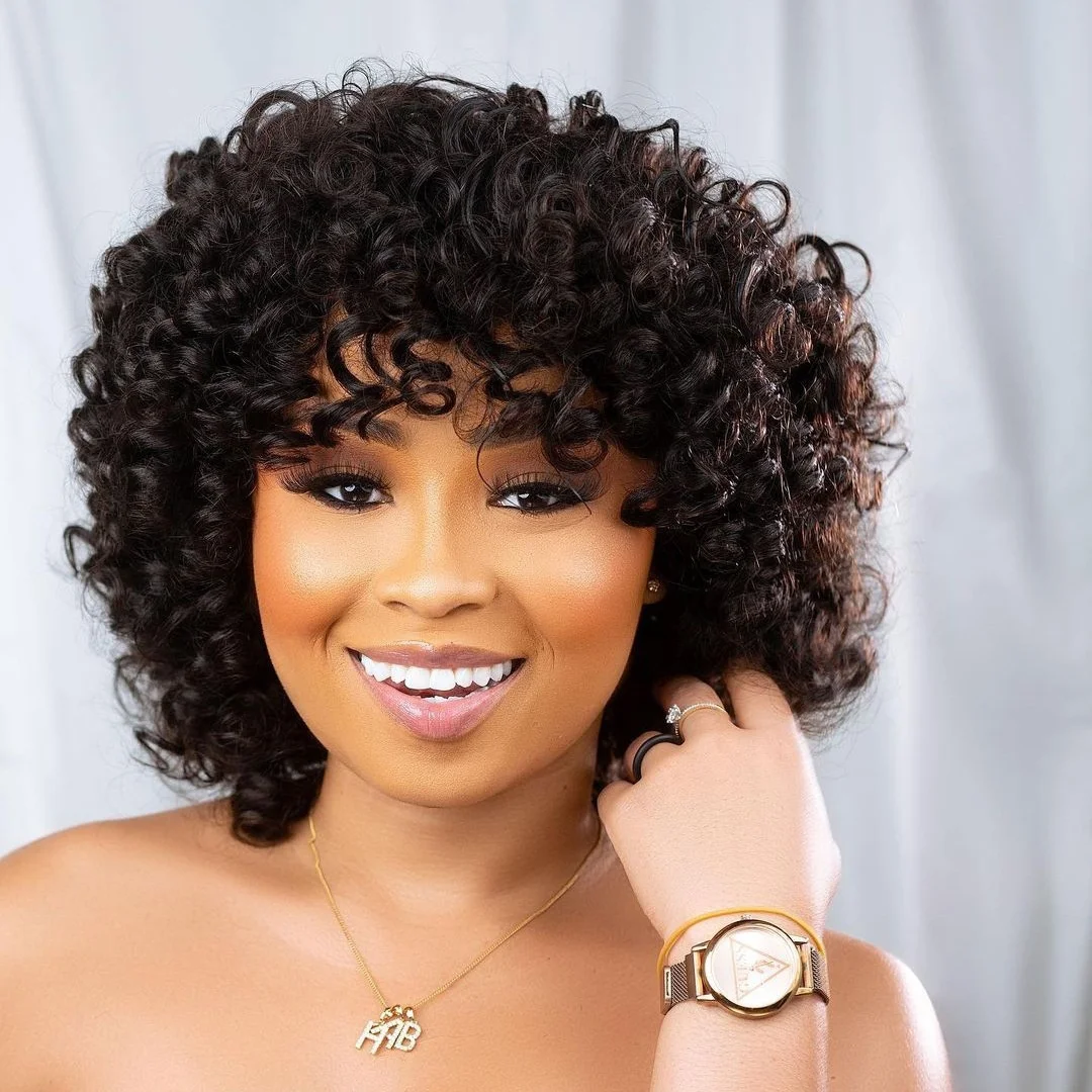 Short Bob Curly Wig with Bangs Human Hair Pixie Cut Wig Bouncy Curls Wear and Go Glueless Wigs for Black Women