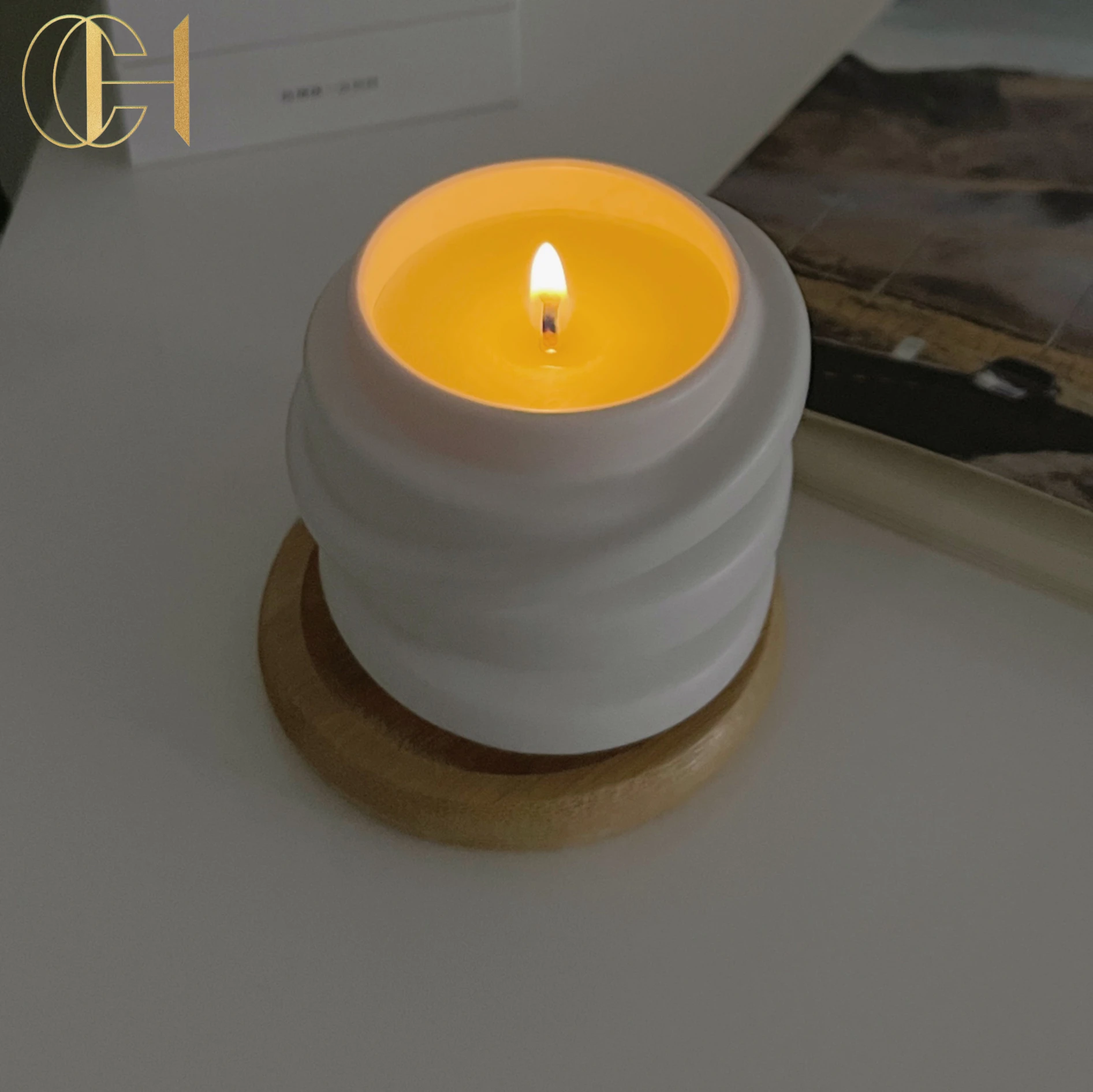 C&H luxury white ivory color candle with soybean wax cotton wick ceramic cement candle with fragrance