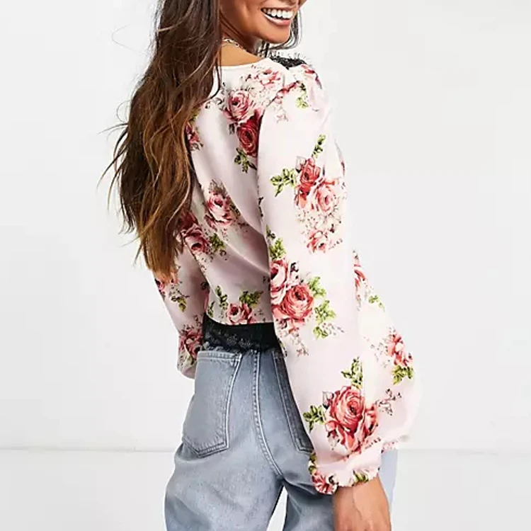 Summer Casual Blouses For Women Satin Long Sleeve Fashion Elegant Print Blouse Black Lace Neckline And Hem Blouses