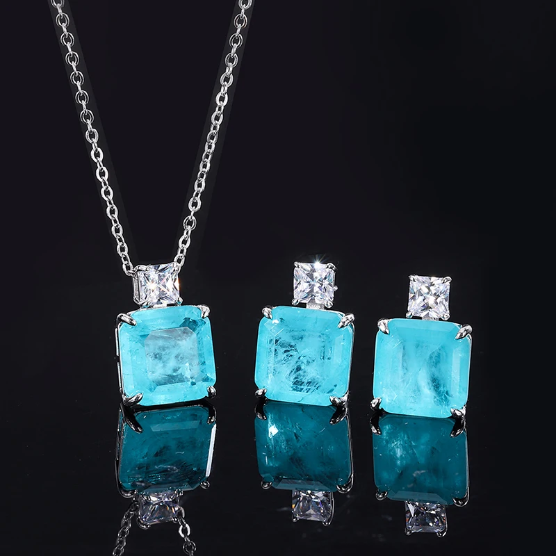 New S925 Sterling Silver Jewelry Set Love Hao Inlaid Blue Fusion Square Shape Necklace Women Fashion Wedding Set