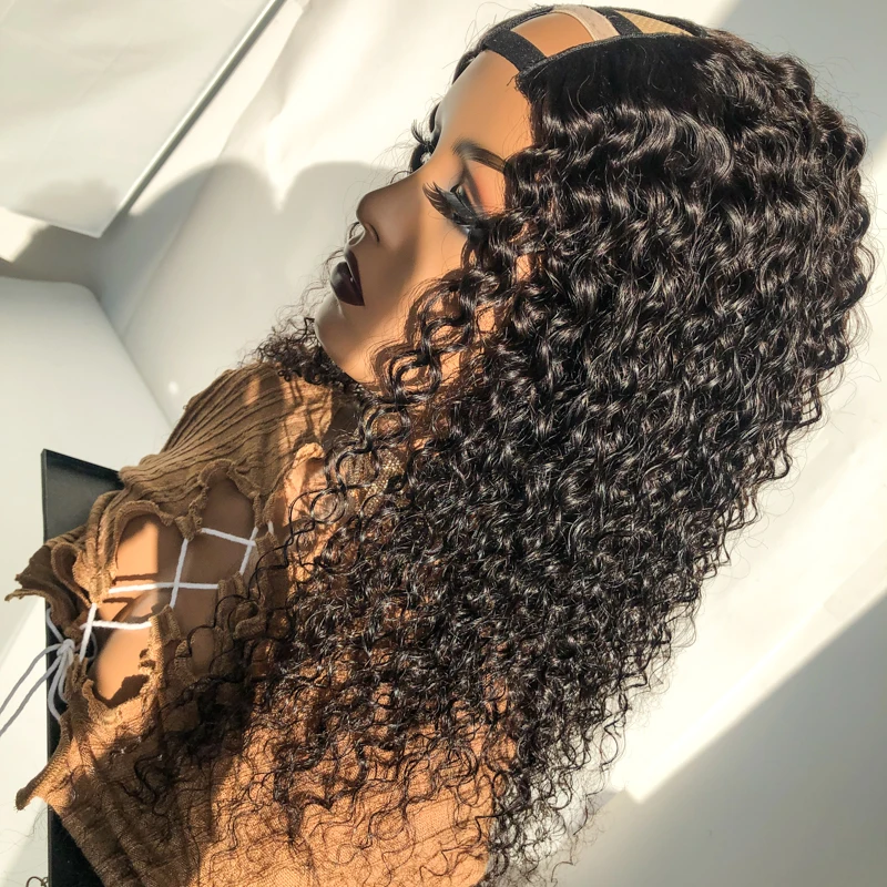 Clips Natural Human Hair Wigs Blended Hot Selling Side Part Indian kinky curly U Part Wig  For Black Woman