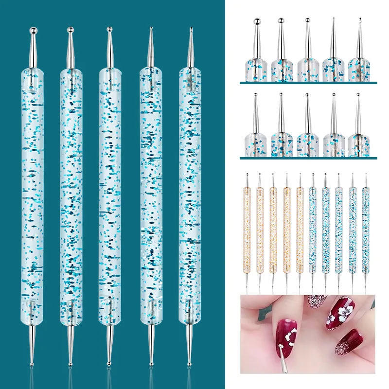 5 Pcs Nail Art Dotting Pen Brushes Set Crystal Handle Dual-ended Nail Painting Rhinestones Picker Manicure Tools