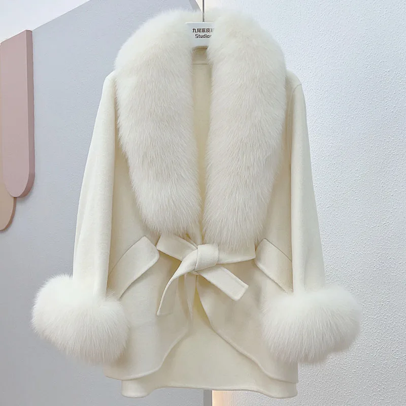 2024 New Women Real Wool Blended Coat With Real Fox Fur collar Fashion Loose Woollen Jacket Outwear Genuine Fox Fur Cuff