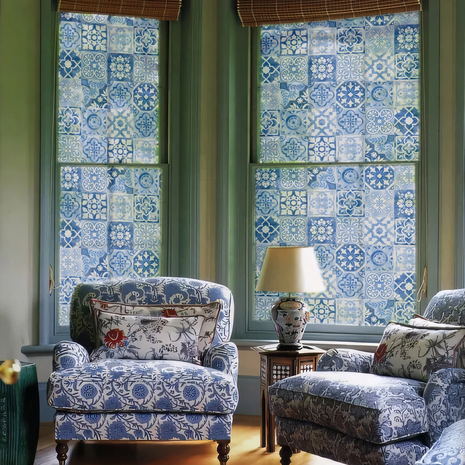 Funlife Blue And White Porcelain Films Self-Adhesive Bedroom Home Decor Sticker Peel & Stick Privacy Static Clings Glass Decals