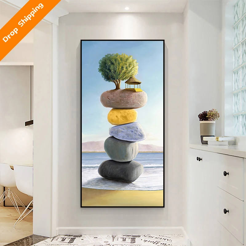 Gold aluminum frame home decoration stone tree painting art landscape painting crystal porcelain glass (1600344511026)