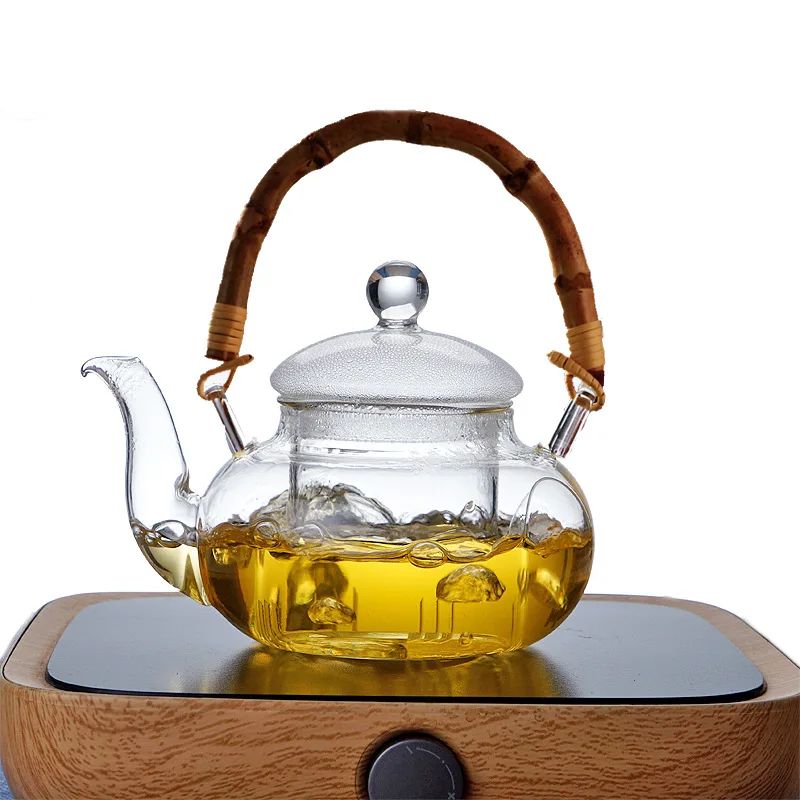 Hensin Wholesale Handmade Flower Tea High Temperature Resistant Glass High Permeability Bamboo Handle Tea Glass Pot With Infuser