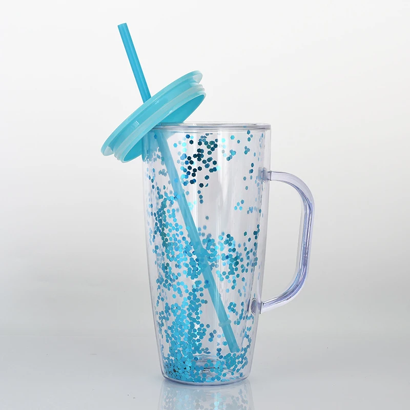 BPA Free 20oz Double Wall Plastic Acrylic Glitter Tumbler with Handle and Lid and Straw