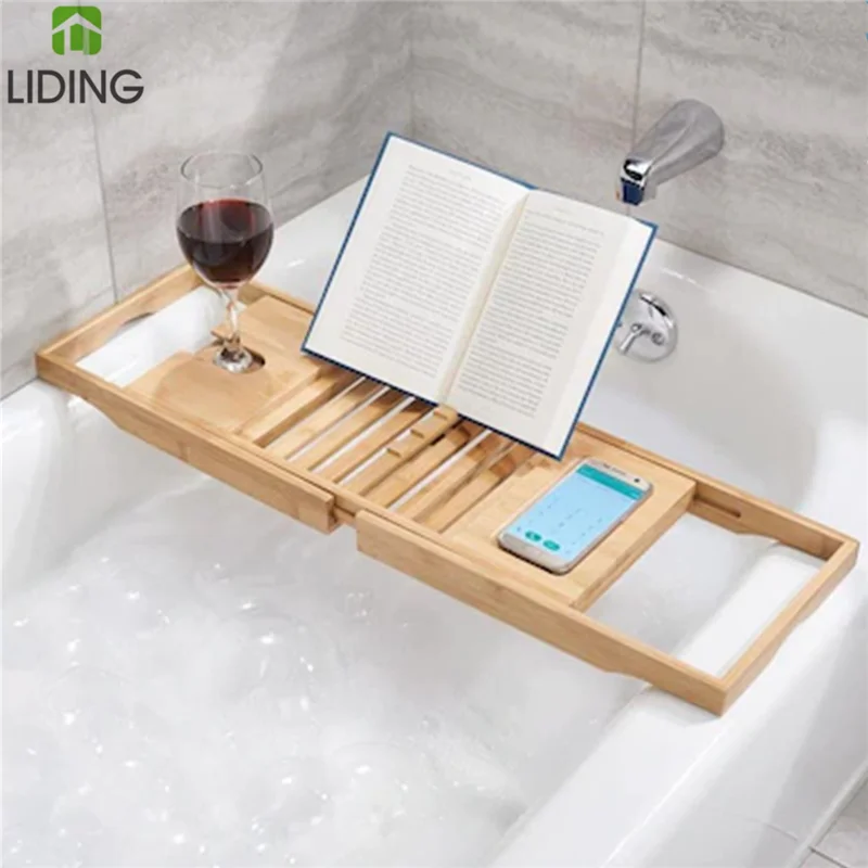 Luxury Bathtub Caddy Extendable Bamboo Wood Organizer Tray with Drinks Book Tablet &Phone