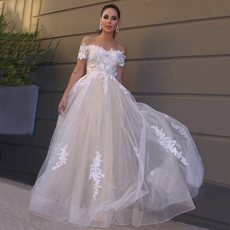 new style white wedding dress for bride ball gown vestido off-shoulder slim wedding dress