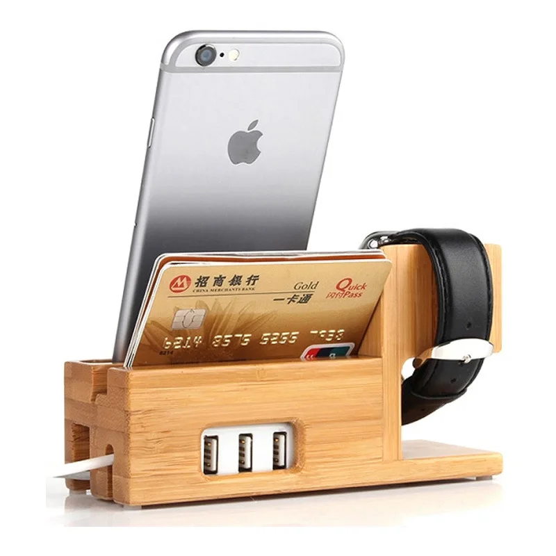 Amazon wood bamboo desktop Cord Mobile Phone Charging Stand holder with 3 Slots for iPhone and ipad USB charging holder