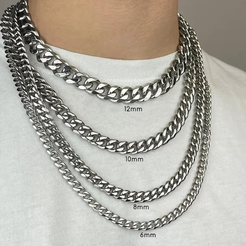 Wholesale Custom Silver 4mm-12mm Miami Cuban Link Necklace Polished Stainless Steel Curb Chunky Chain Jewelry  For Men Women