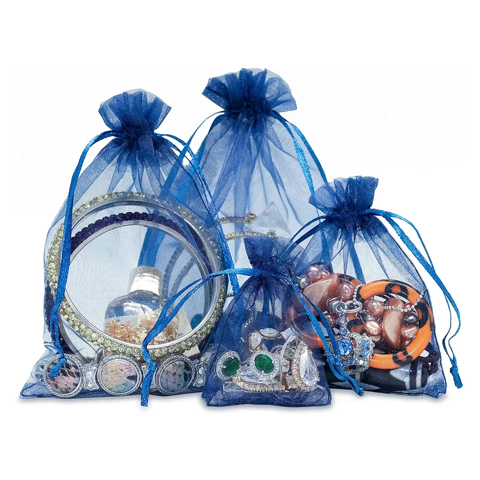 Wholesale custom logo 3 inch x 4 inch in-stock white jewelry gift Small organza bags 3x4 with ribbon