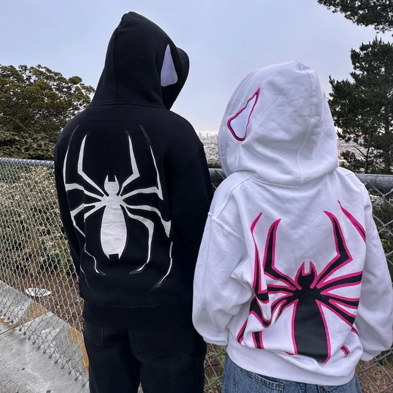 Winter Harajuku Casual Loose Hooded Sweatshirt Y2k Men Spider Print Hoodies Women Hip Hop Zipper Long Sleeve Jacket Coats Autumn