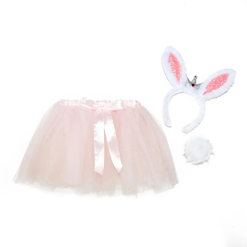 Girls Chiffon Short Skirt Short Tutu Skirt Bow Net Fluffy Short Skirt Dress and Bunny Ears Hair Accessories Children Mini Lace
