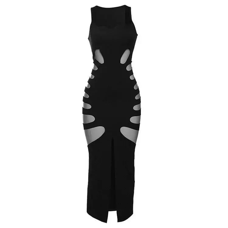 New Design Night Club Black Cutout Long Dresses Women Party Sleeveless Hollow Out Sexy Spilt Dress
