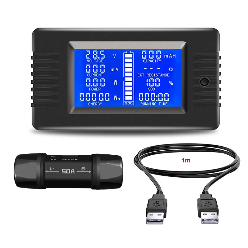 DC 0-200V 50A 1m USB Voltmeter Ammeter Car Battery Tester Capacity Electricity Voltage Monitor for 12v 24v 48v 96v
